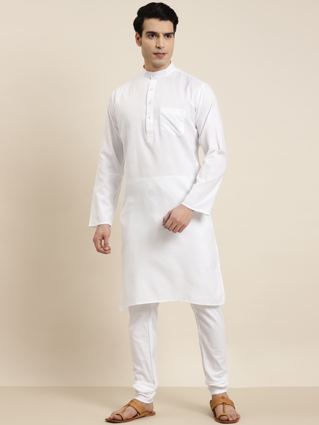 

SOJANYA Men White Cotton Linen Solid Kurta with Churidar