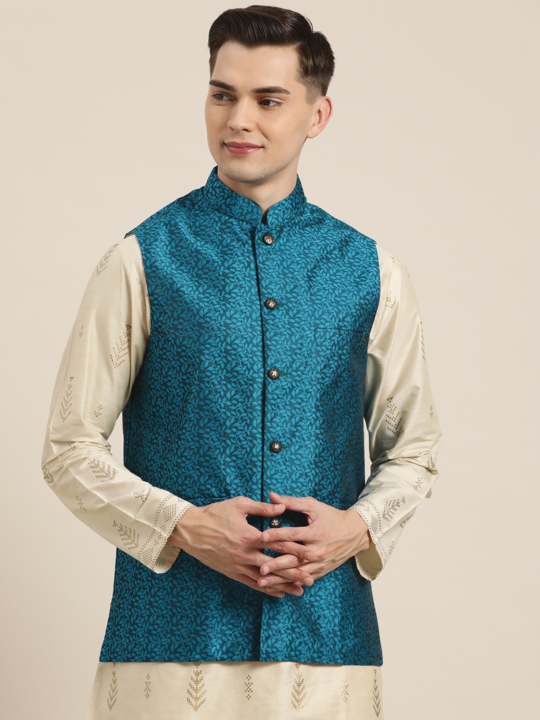 

SOJANYA Men Blue Jacquard Self-Design Nehru Jacket