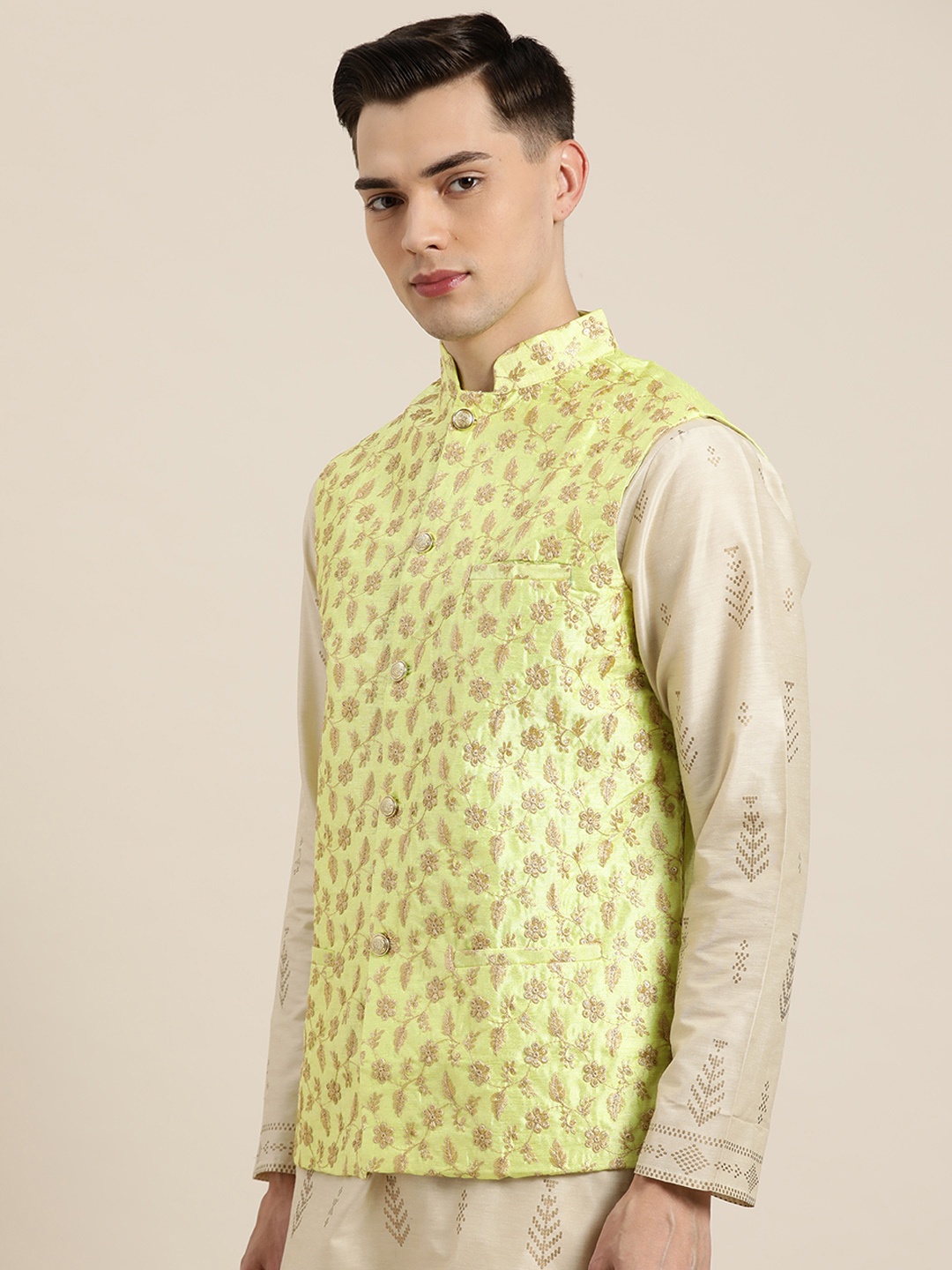 

SOJANYA Men Lime Green & Golden Chikankari Embroidered Nehru Jacket