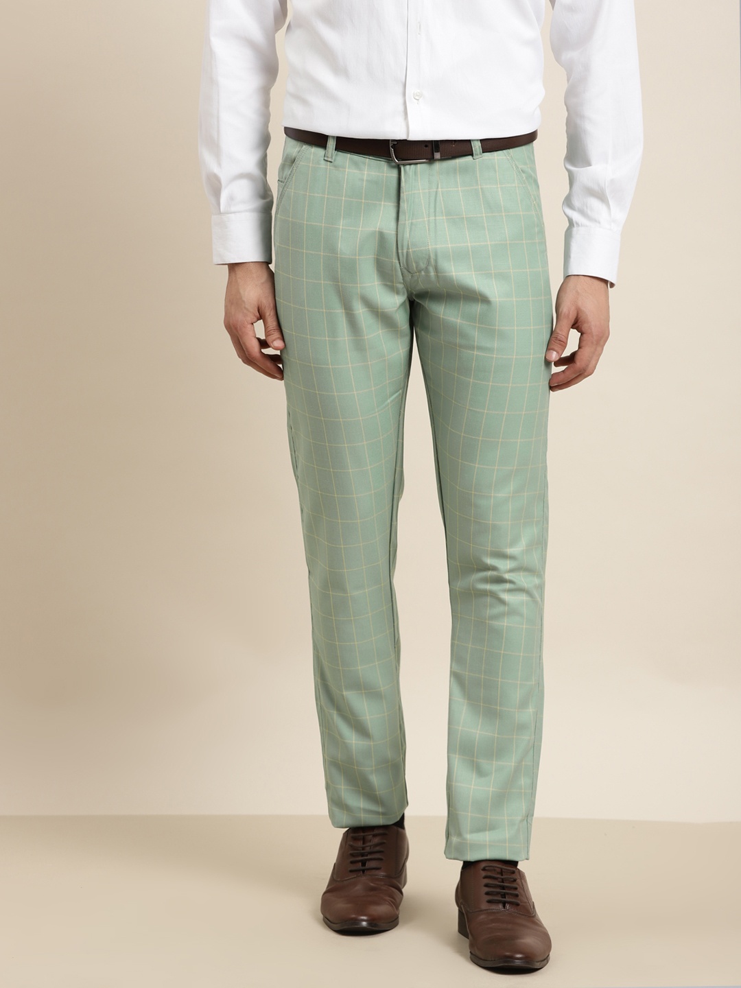 

SOJANYA Men Green & Yellow Checked Smart Regular Fit Formal Trousers