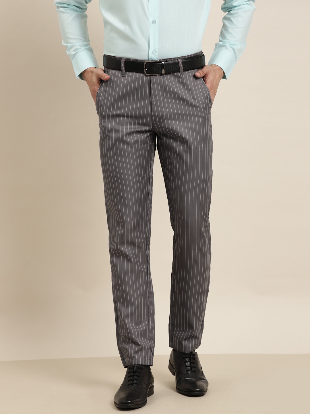 

SOJANYA Men Grey & Off-White Striped Smart Regular Fit Formal Trousers