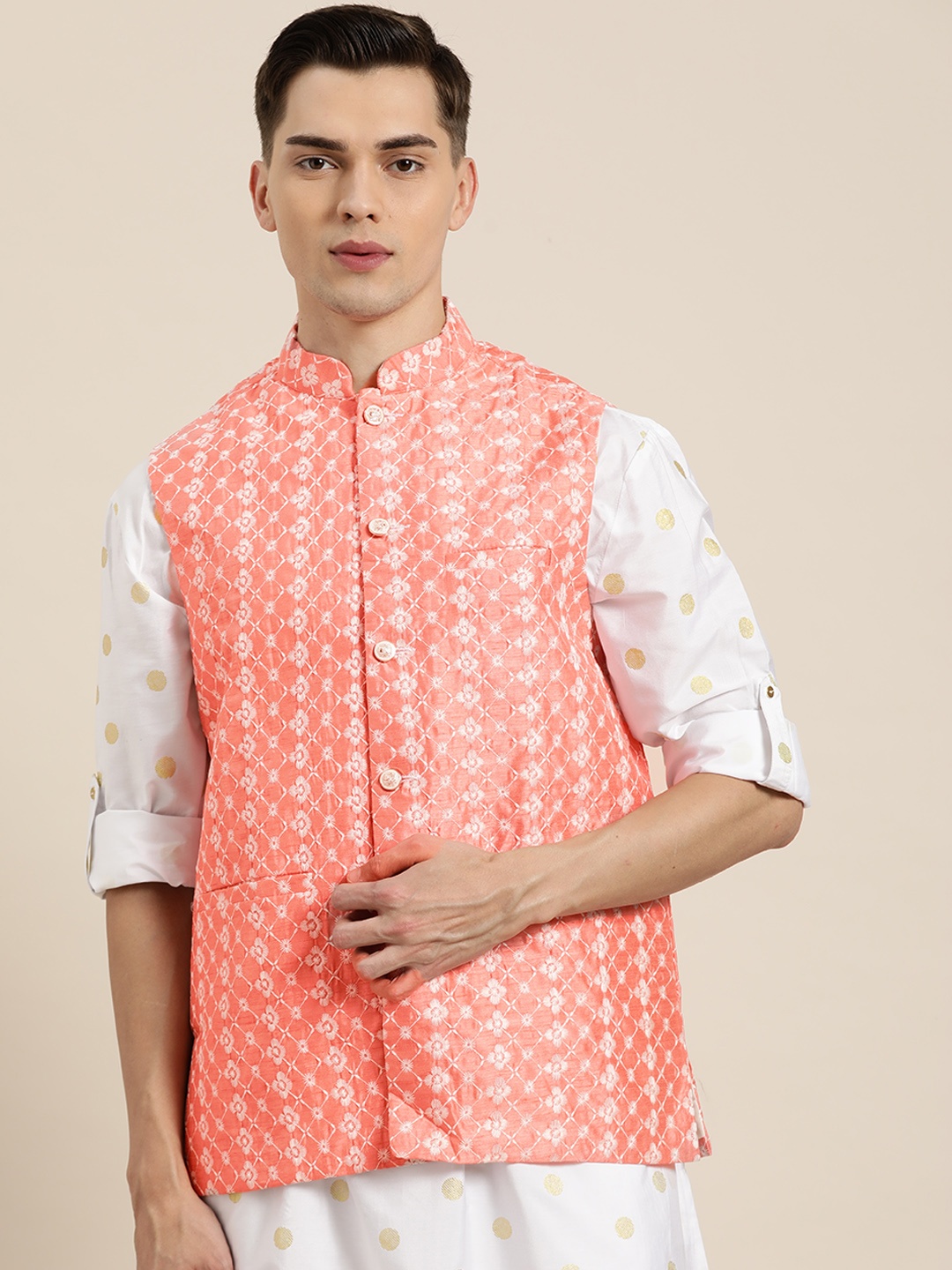 

SOJANYA Men Peach-Coloured & White Chikankari Embroidered Nehru Jacket