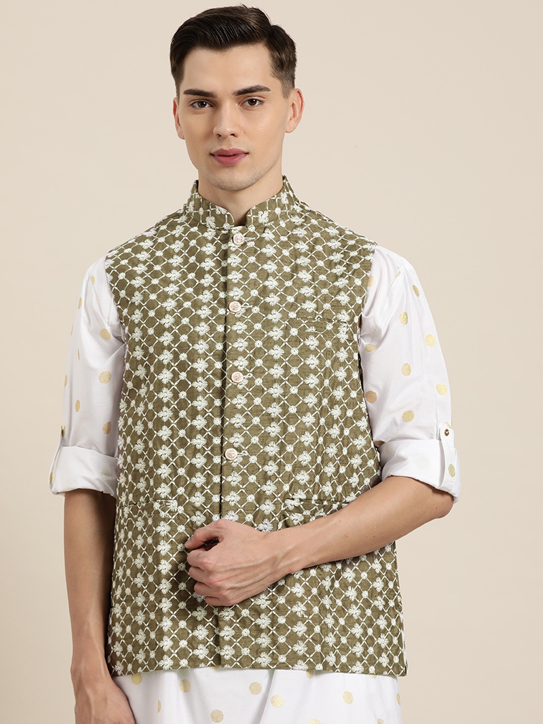 

SOJANYA Men Olive Green & White Chikankari Embroidered Nehru Jacket