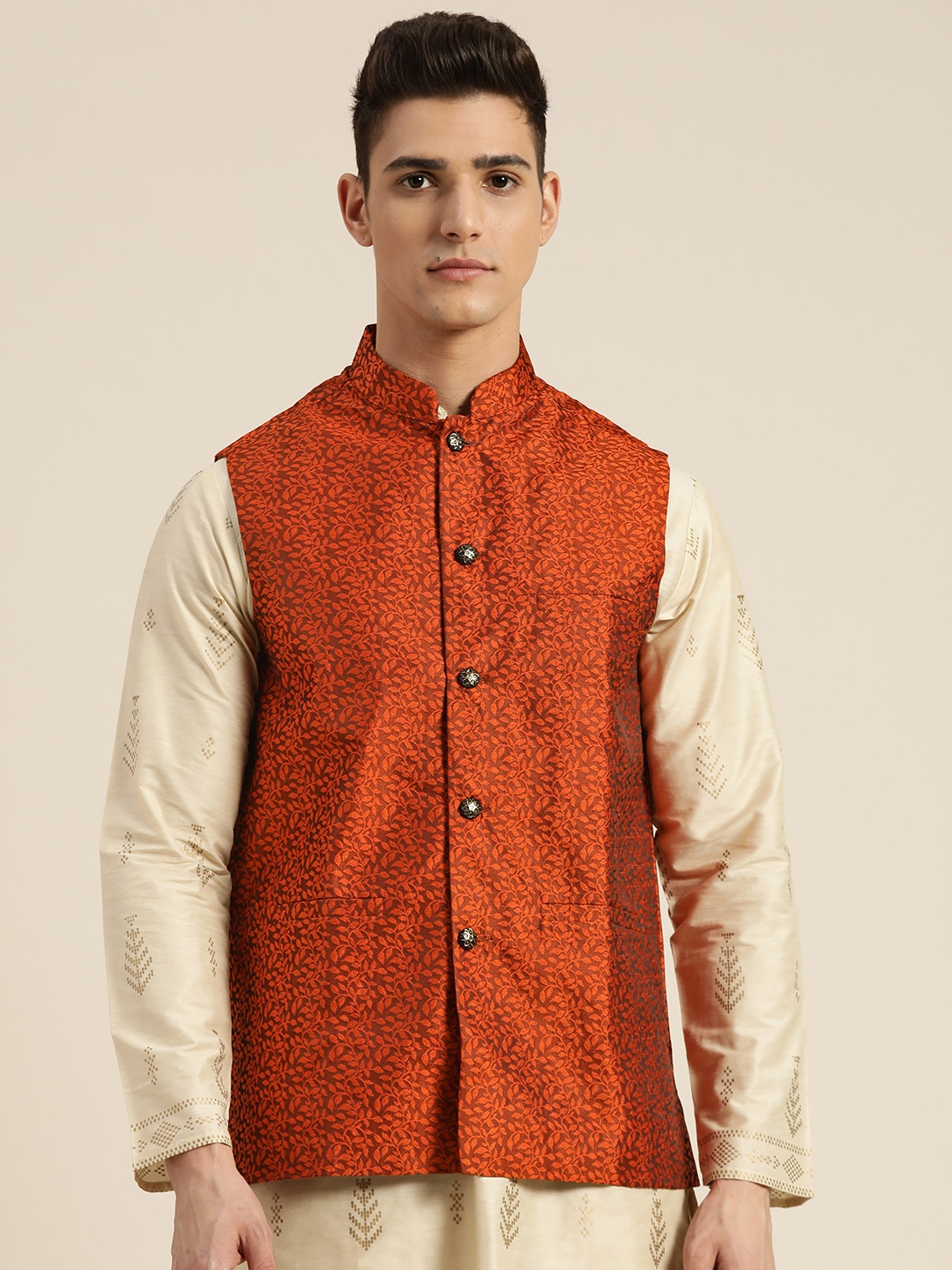 

SOJANYA Men Rust Orange Floral Jacquard Woven Design Nehru Jacket