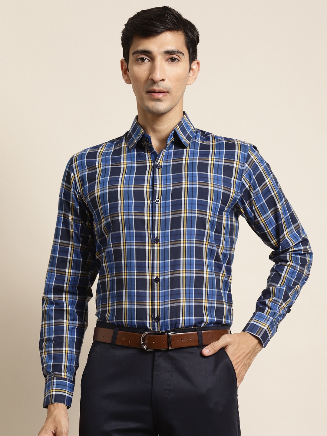 

SOJANYA Men Blue & White Cotton Tartan Checked Classic Regular Fit Formal Shirt
