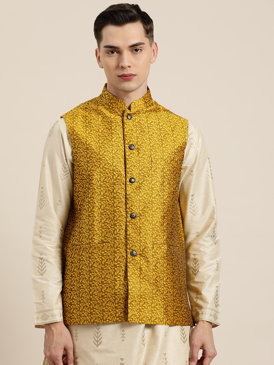

SOJANYA Men Mustard Yellow Jacquard Self-Design Nehru Jacket