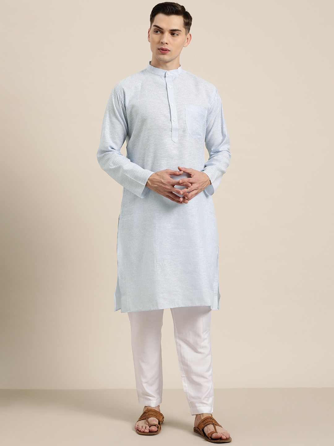 

SOJANYA Men Blue & White Pure Cotton Striped Kurta