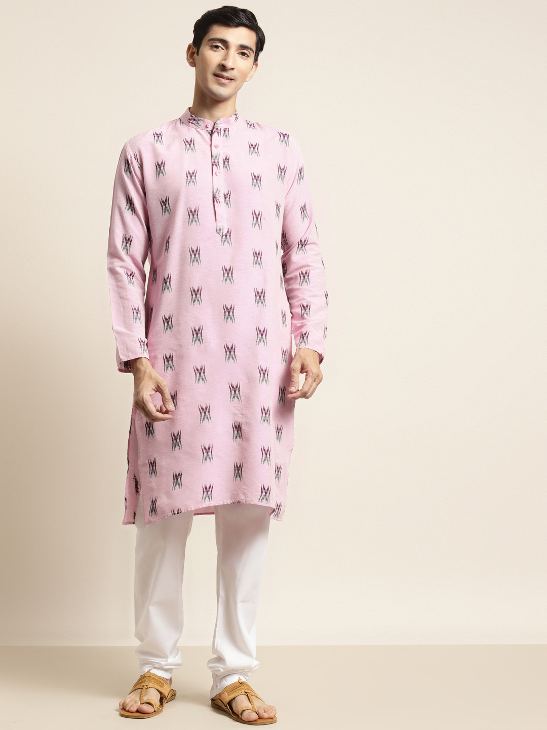 

SOJANYA Men Pink & White Cotton Ikat Woven Kurta with Churidar