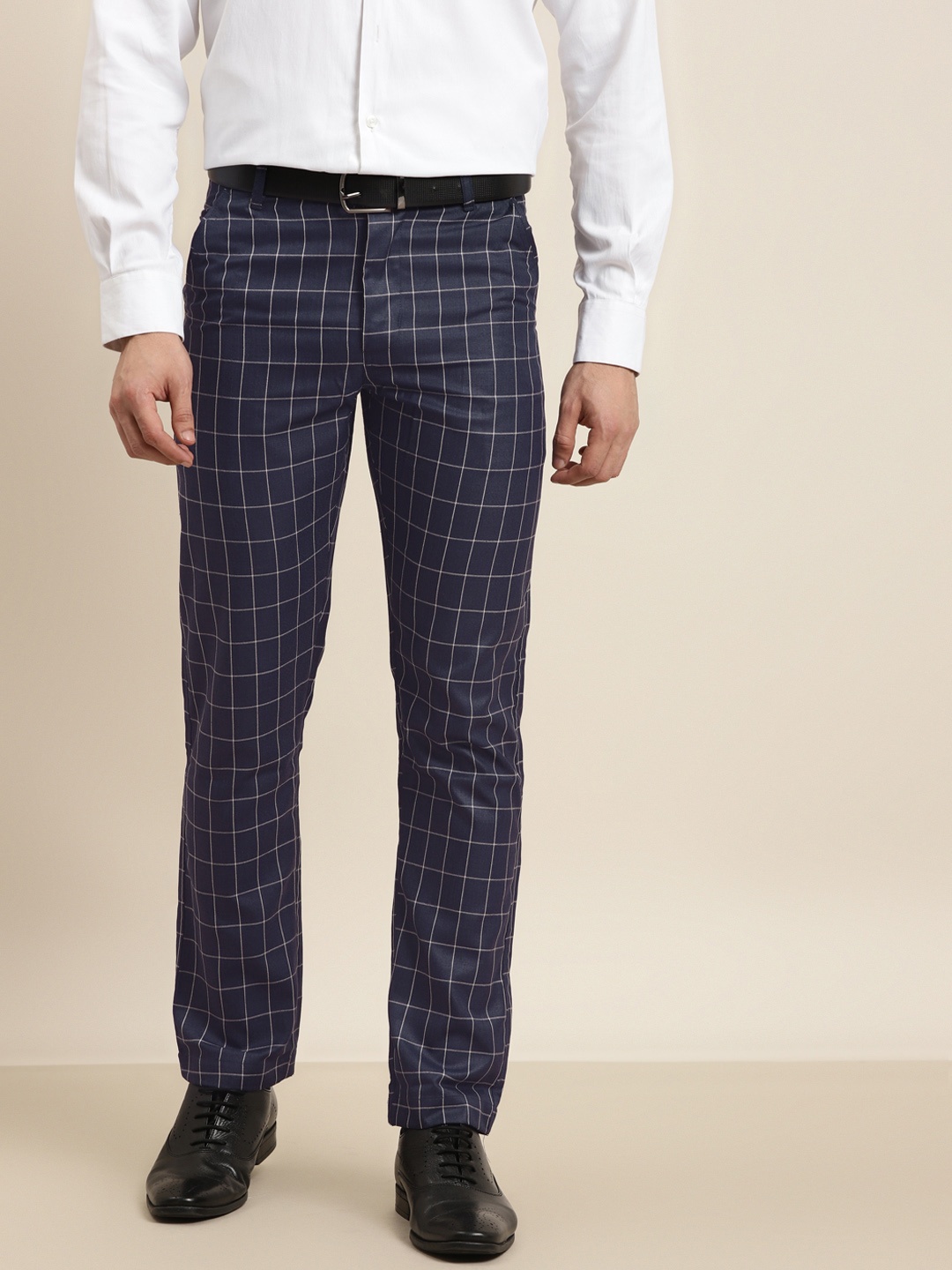 

SOJANYA Men Navy Blue & Grey Checked Smart Regular Fit Formal Trousers