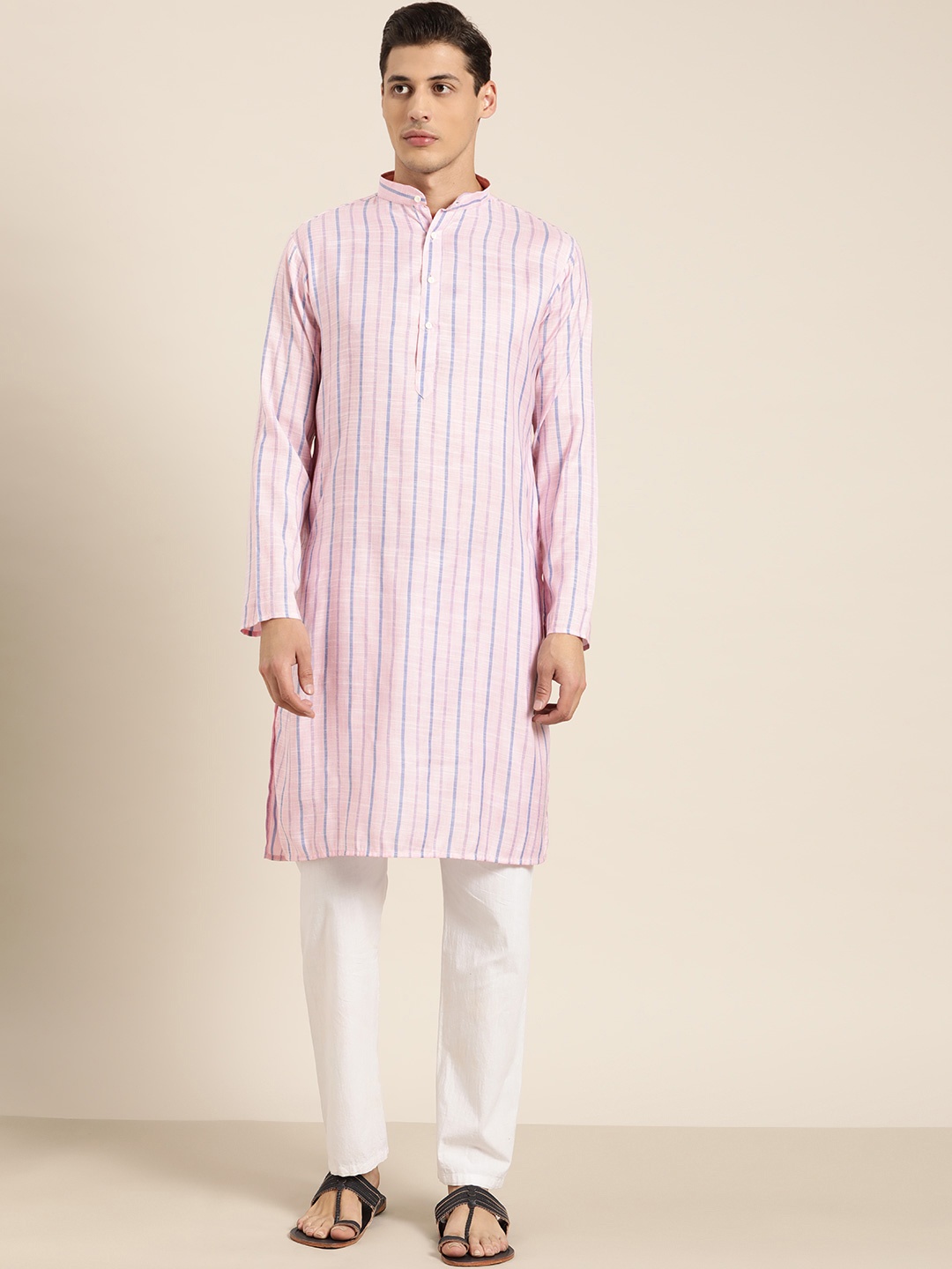 

SOJANYA Men Pink & Blue Striped Kurta