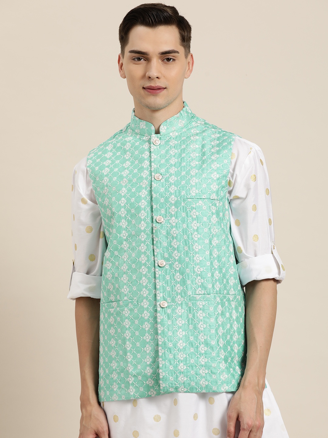 

SOJANYA Men Sea Green & White Chikankari Embroidered Nehru Jacket