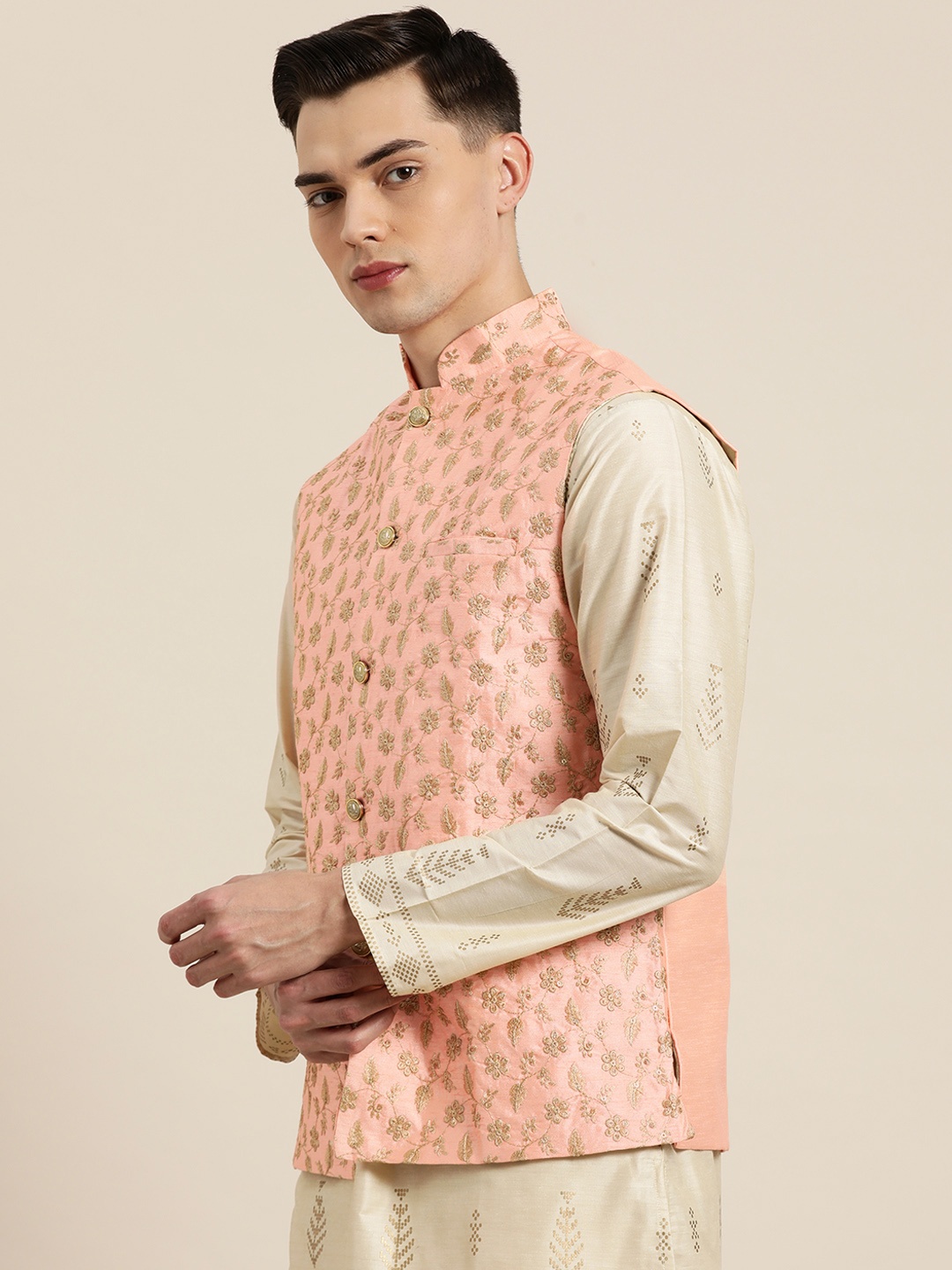 

SOJANYA Men Pink & Golden Chikankari Embroidered Nehru Jacket