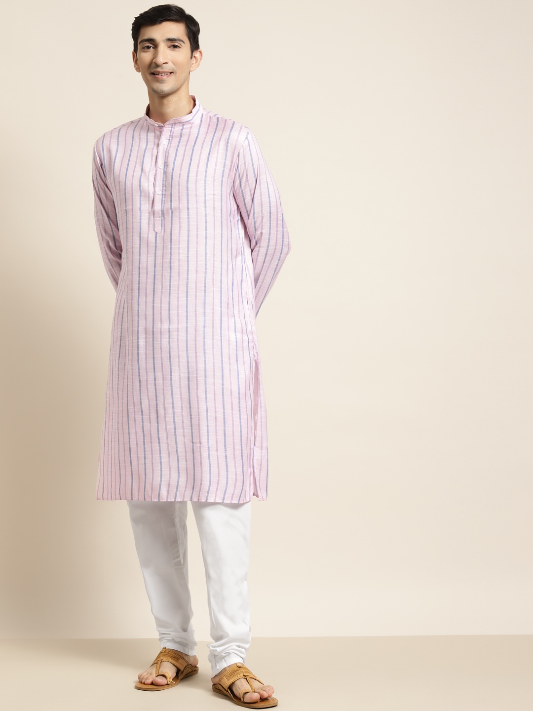 

SOJANYA Men Pink & White Striped Kurta with Churidar