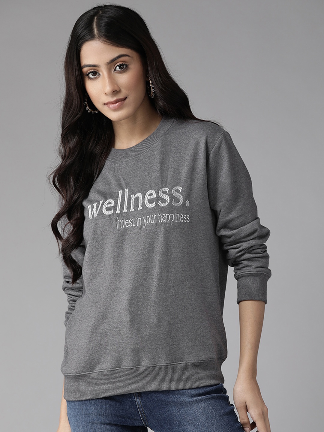 

KASSUALLY Women Charcoal Grey Typography Embroidered Sweatshirt