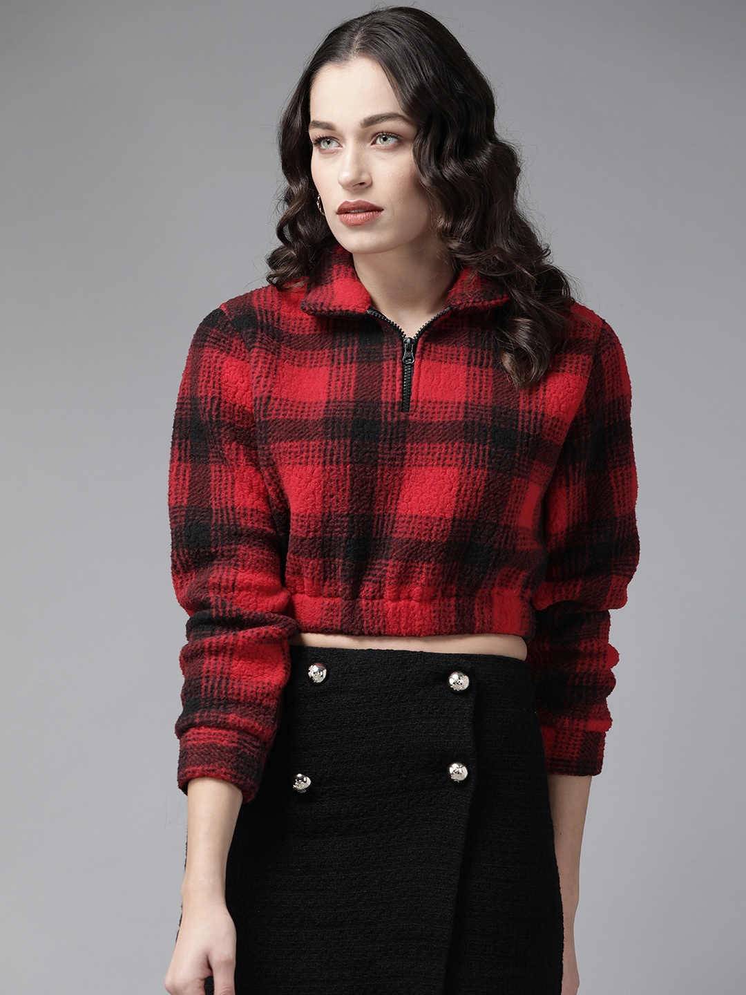 

KASSUALLY Women Red & Black Checked Sherpa Crop Sweatshirt