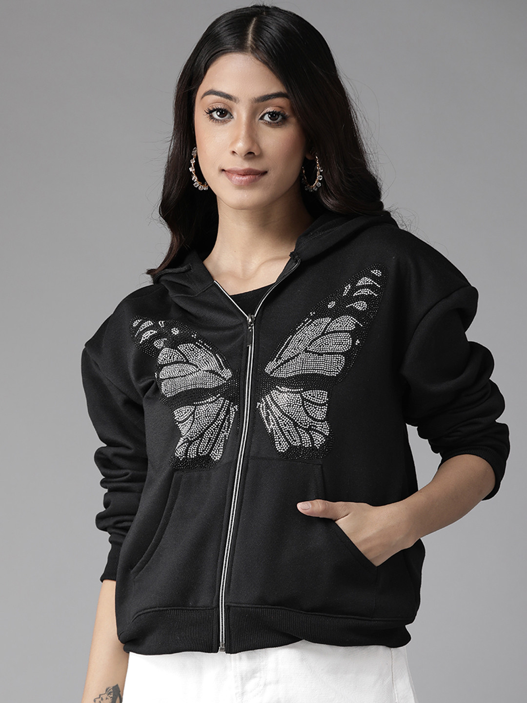 

KASSUALLY Women Black & Silver Beaded Butterfly Hooded Sweatshirt