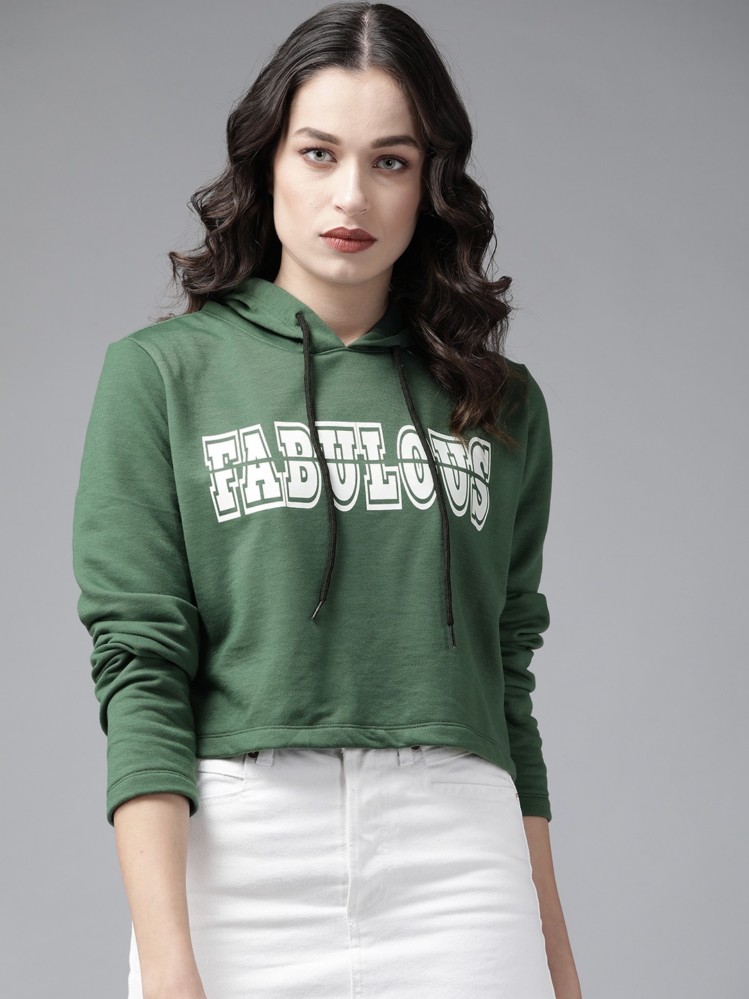 

KASSUALLY Women Green & White Printed Hooded Sweatshirt