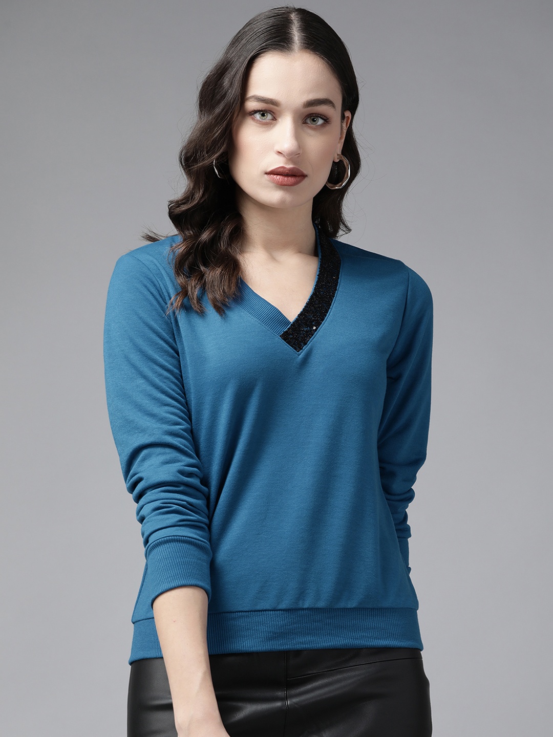 

KASSUALLY Women Teal Blue Solid Sweatshirt