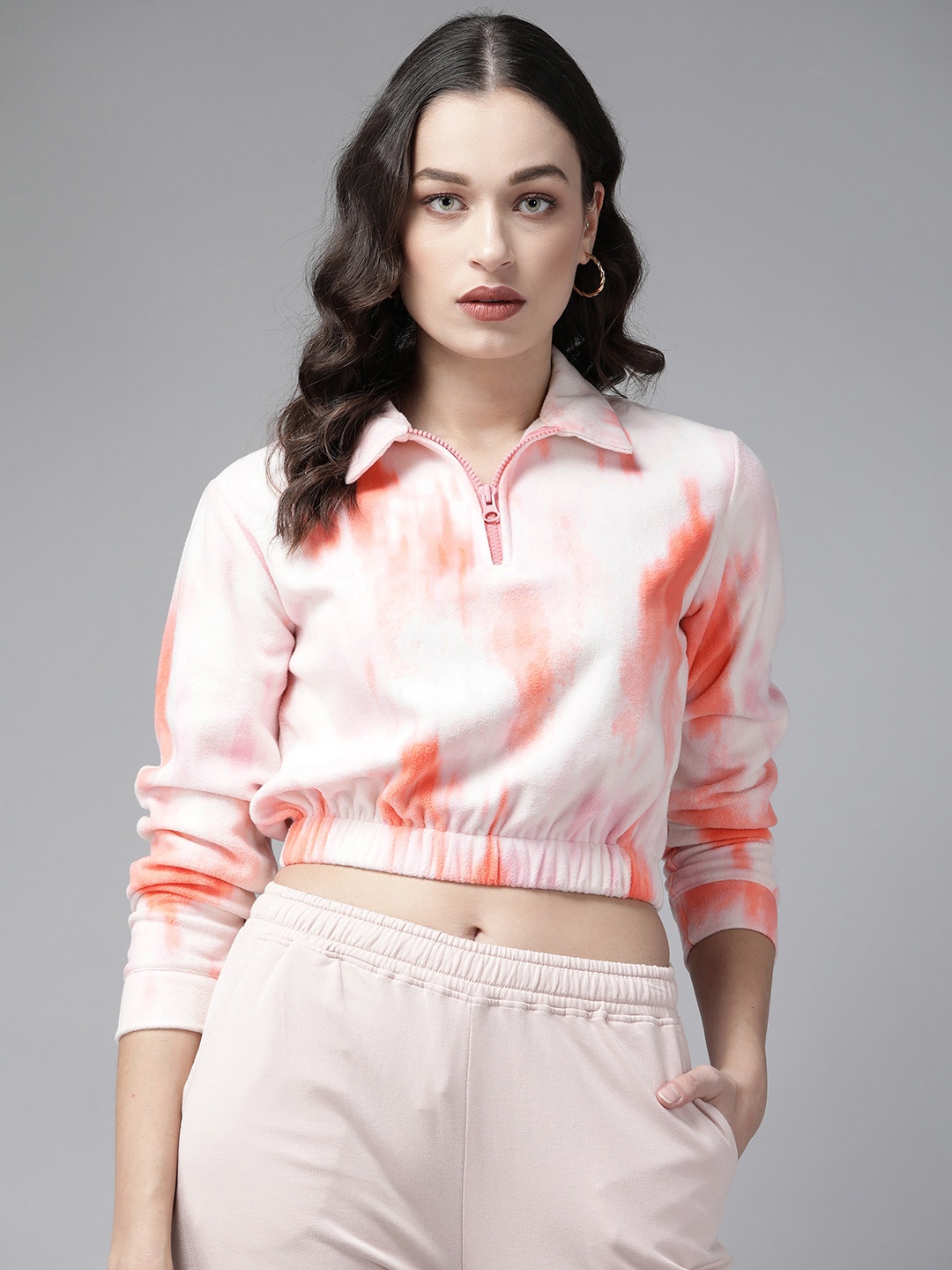 

KASSUALLY Women Pink & Coral Orange Dyed Crop Sweatshirt