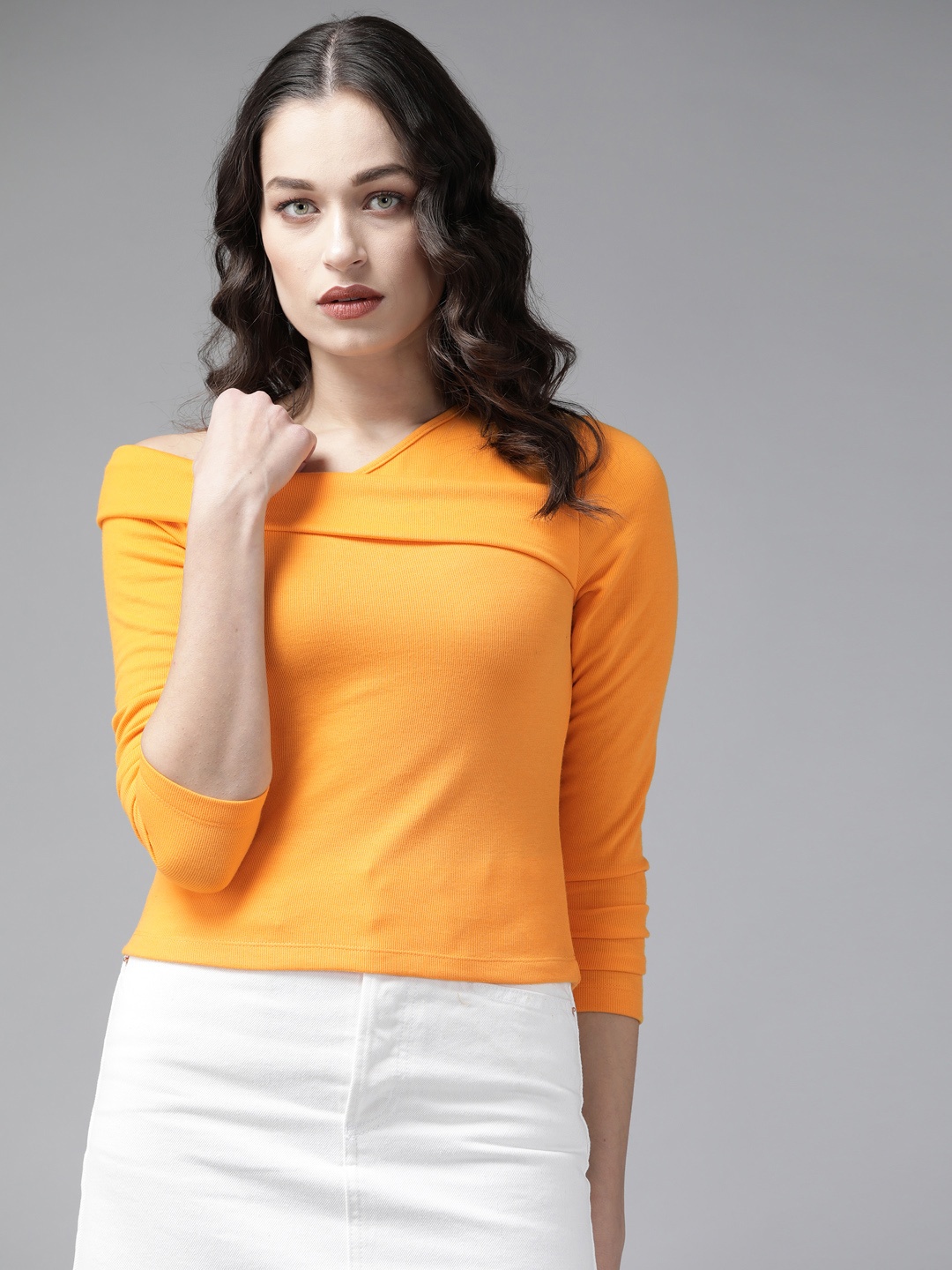 

KASSUALLY Women Orange Solid One Shoulder Fitted Crop Top
