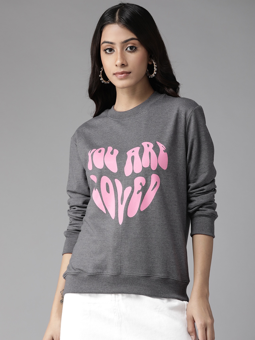 

KASSUALLY Women Grey Melange Printed Sweatshirt