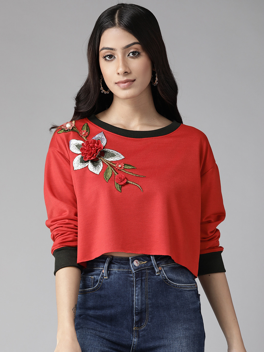 

KASSUALLY Women Red Embroidered Sweatshirt