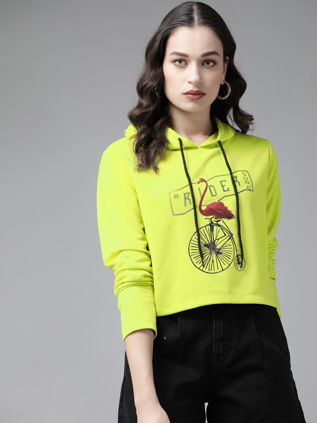 

KASSUALLY Women Lime Green & Pink Flamingo Print Hooded Sweatshirt