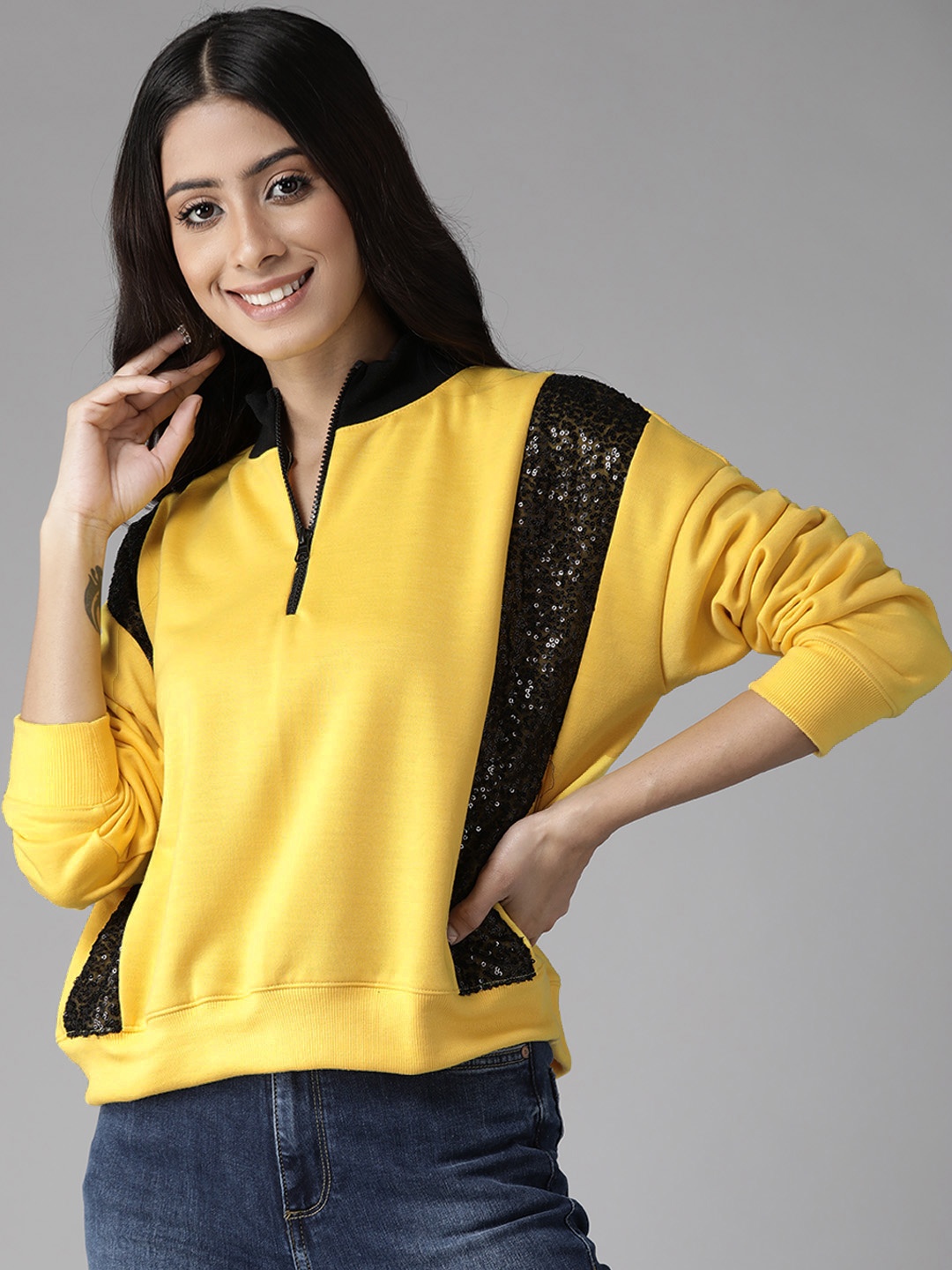 

KASSUALLY Women Yellow & Black Solid Sequined Sweatshirt
