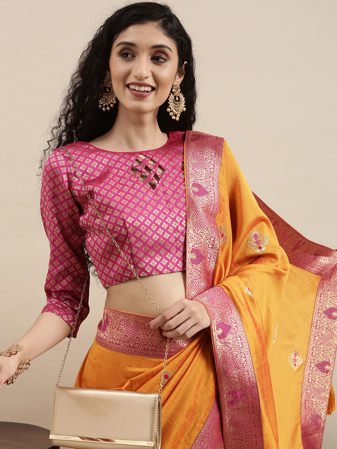 

Mitera Yellow & Pink Mukaish Pure Chiffon Saree
