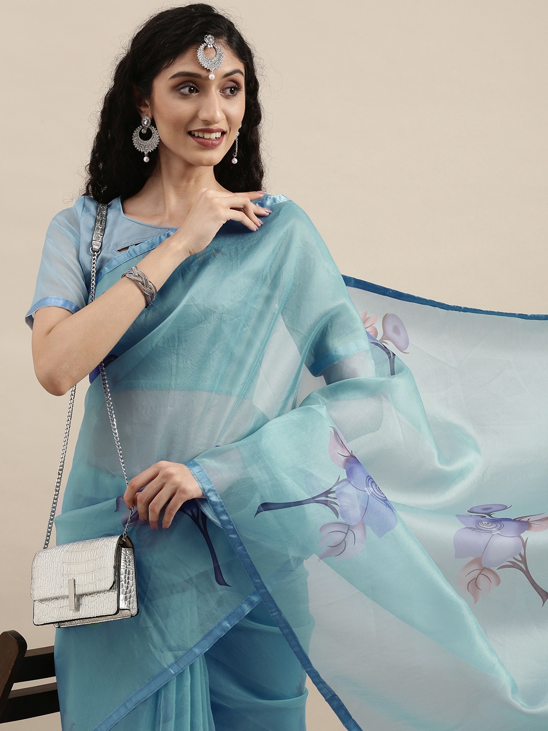 

Mitera Blue & Purple Floral Print Organza Saree