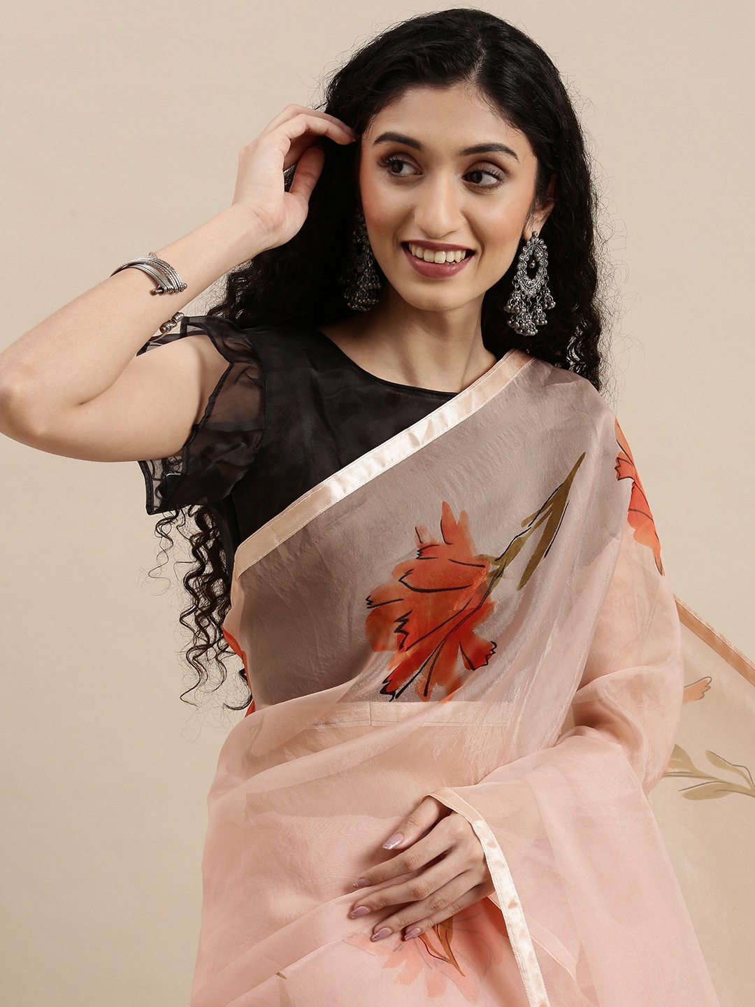 

Mitera Peach-Coloured & Brown Floral Print Organza Saree
