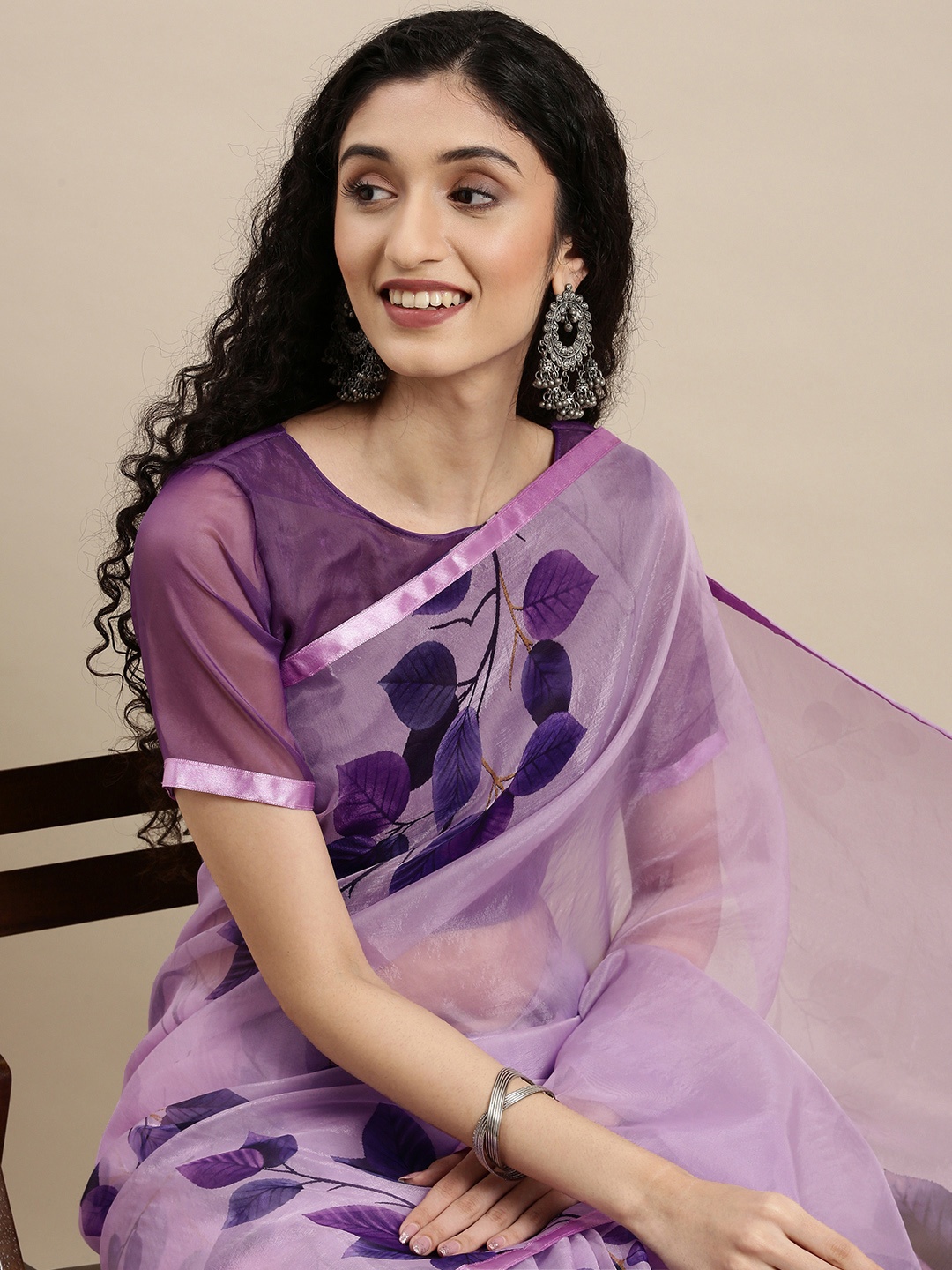 

Mitera Mauve Floral Print Organza Saree