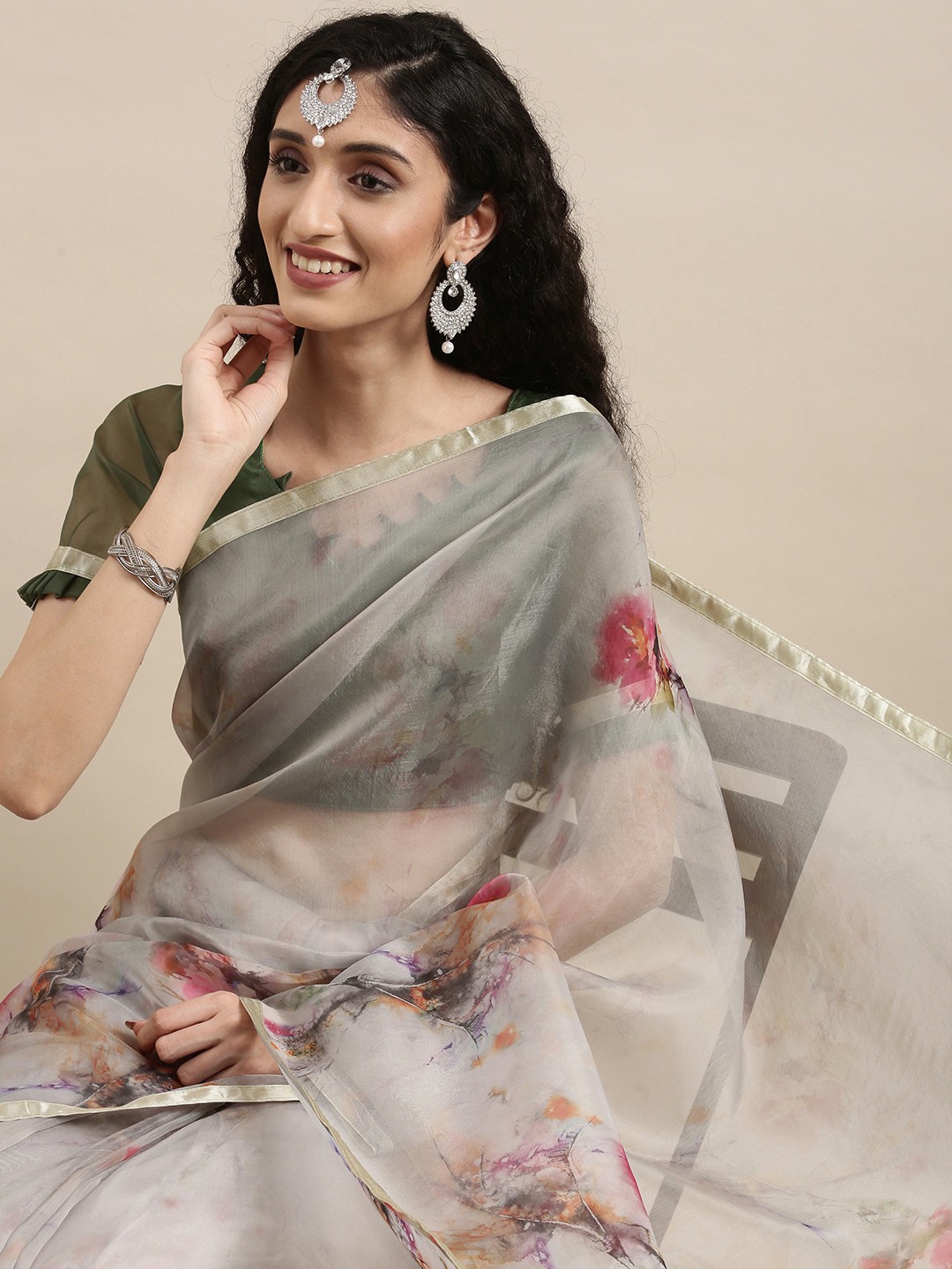 

Mitera Grey & Olive Green Floral Print Organza Saree