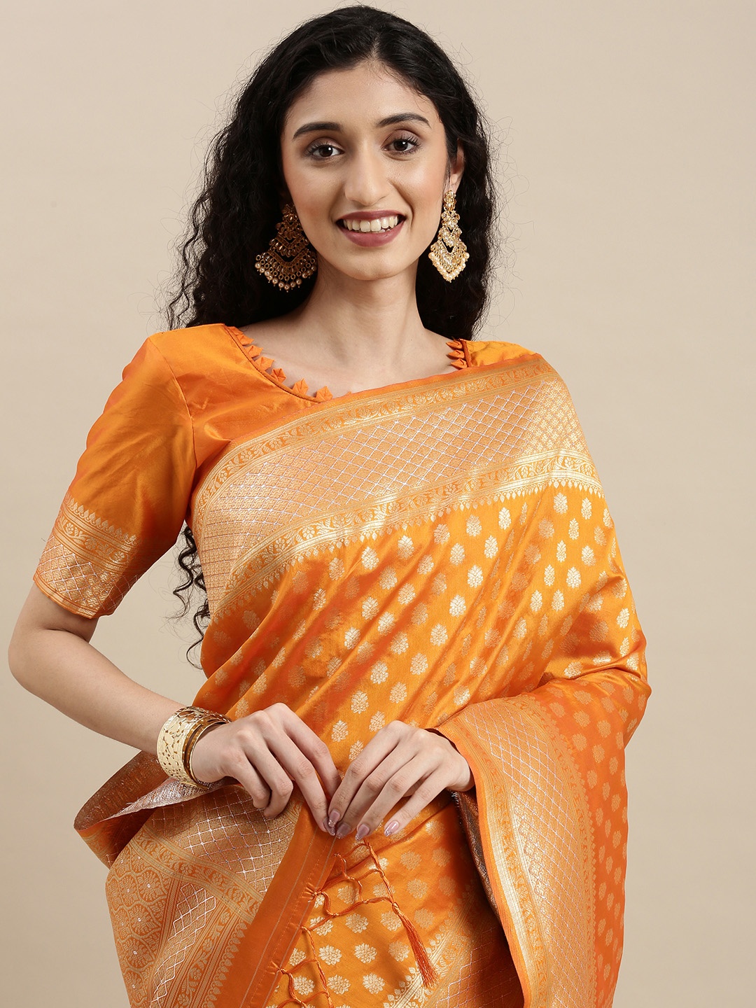 

Mitera Orange & Gold-Toned Woven Design Silk Blend Saree