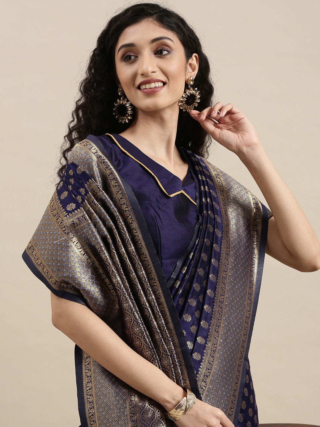 

Mitera Navy Blue & Gold-Toned Woven Design Silk Blend Saree