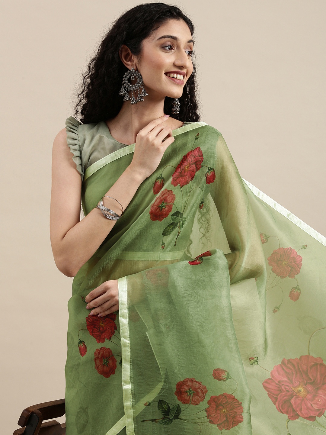 

Mitera Green & Red Floral Print Organza Saree