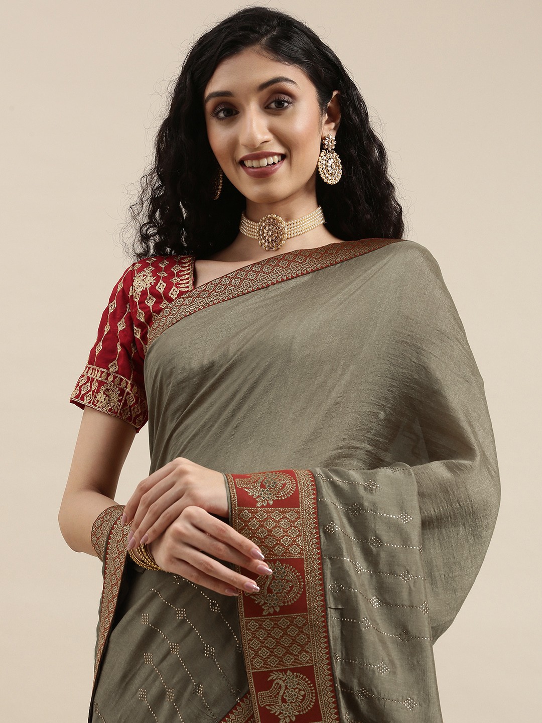 

Mitera Coffee Brown & Red Pure Chiffon Saree