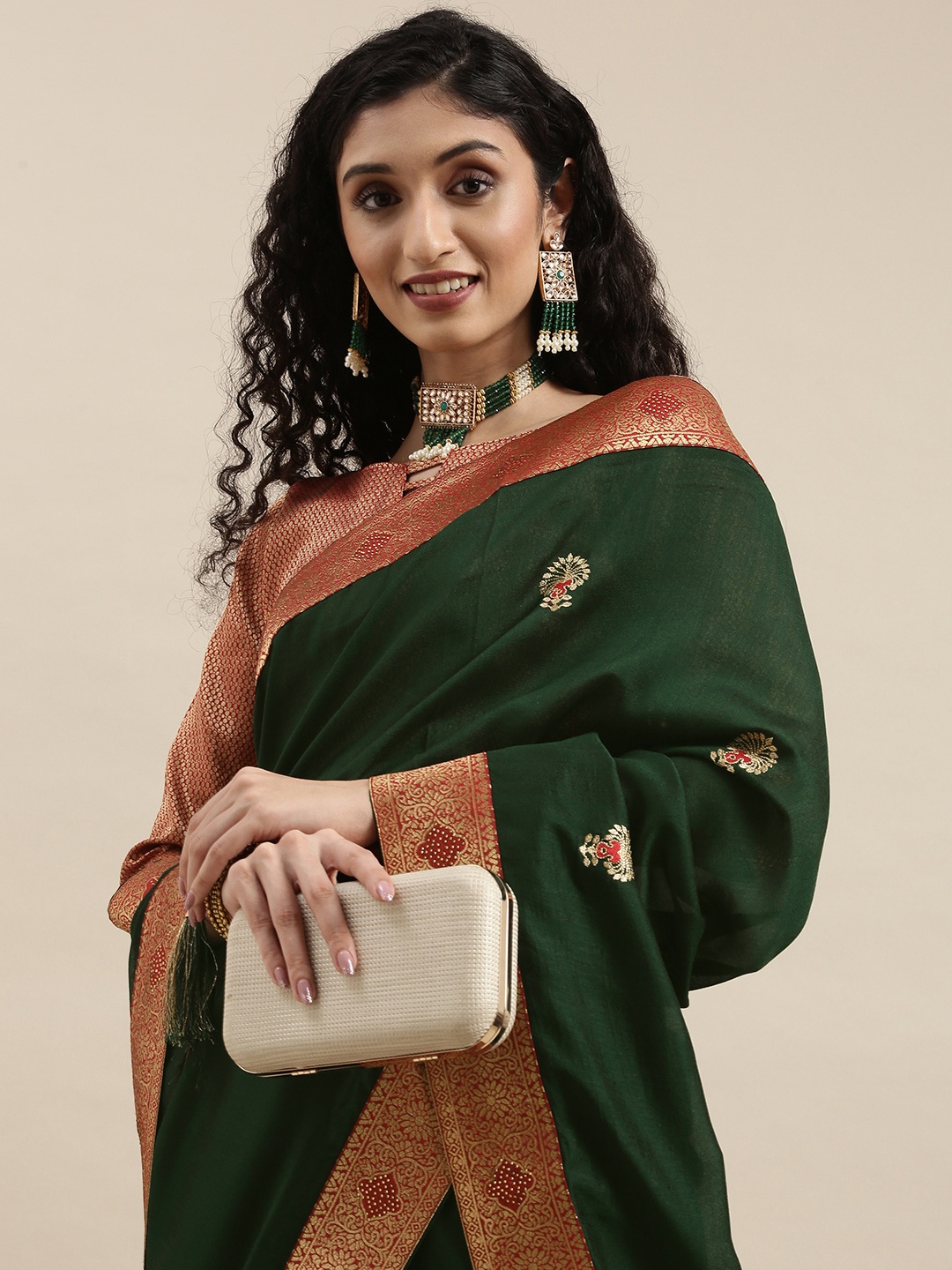 

Mitera Green & Red Mukaish Pure Chiffon Saree