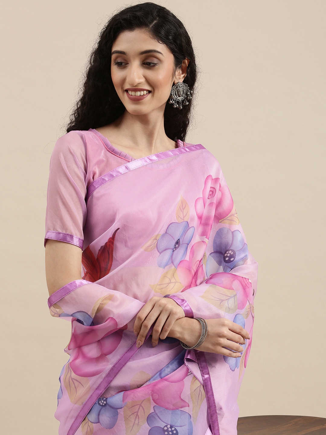 

Mitera Purple & Blue Floral Print Organza Saree