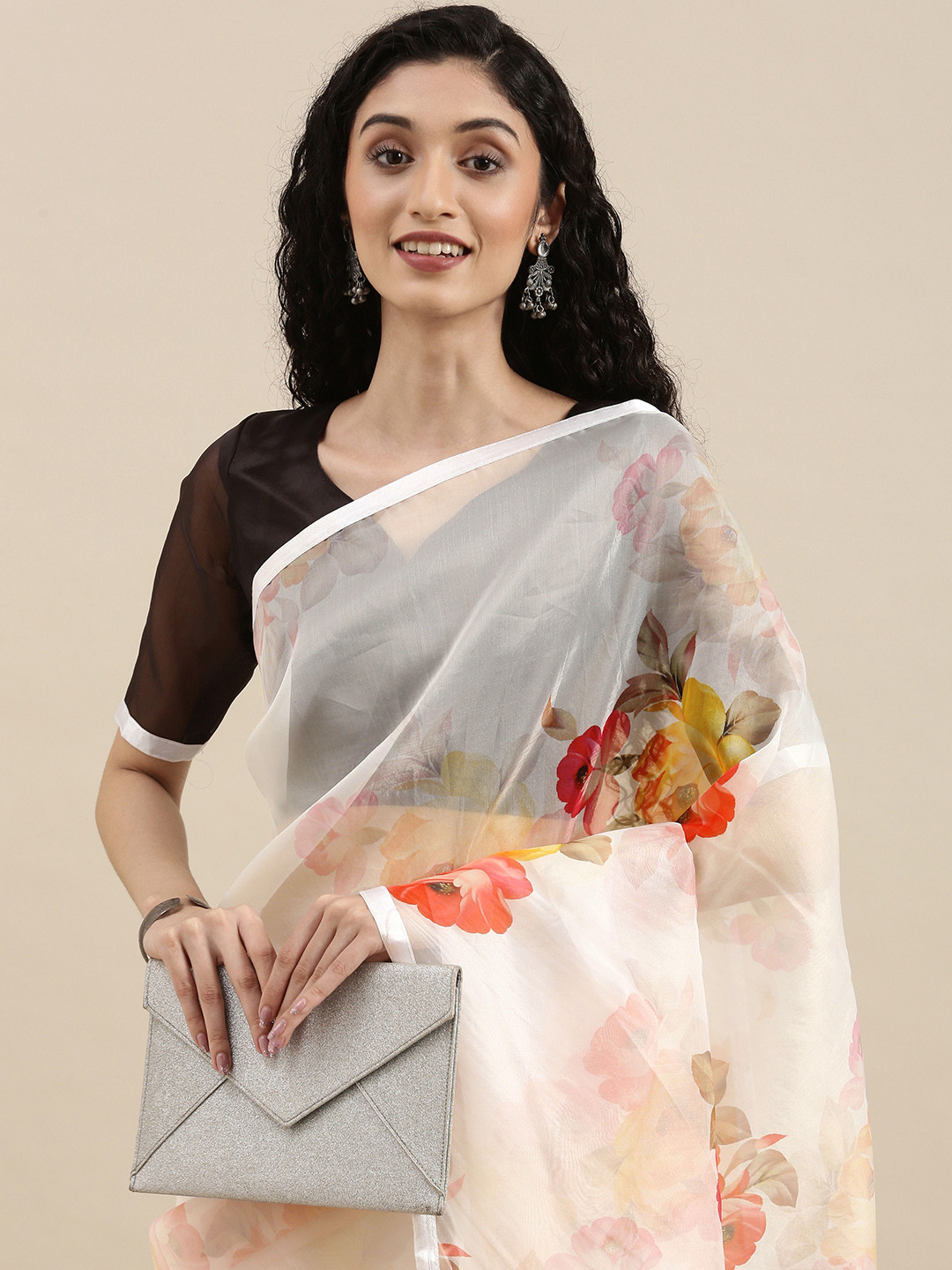 

Mitera White & Red Floral Print Organza Saree