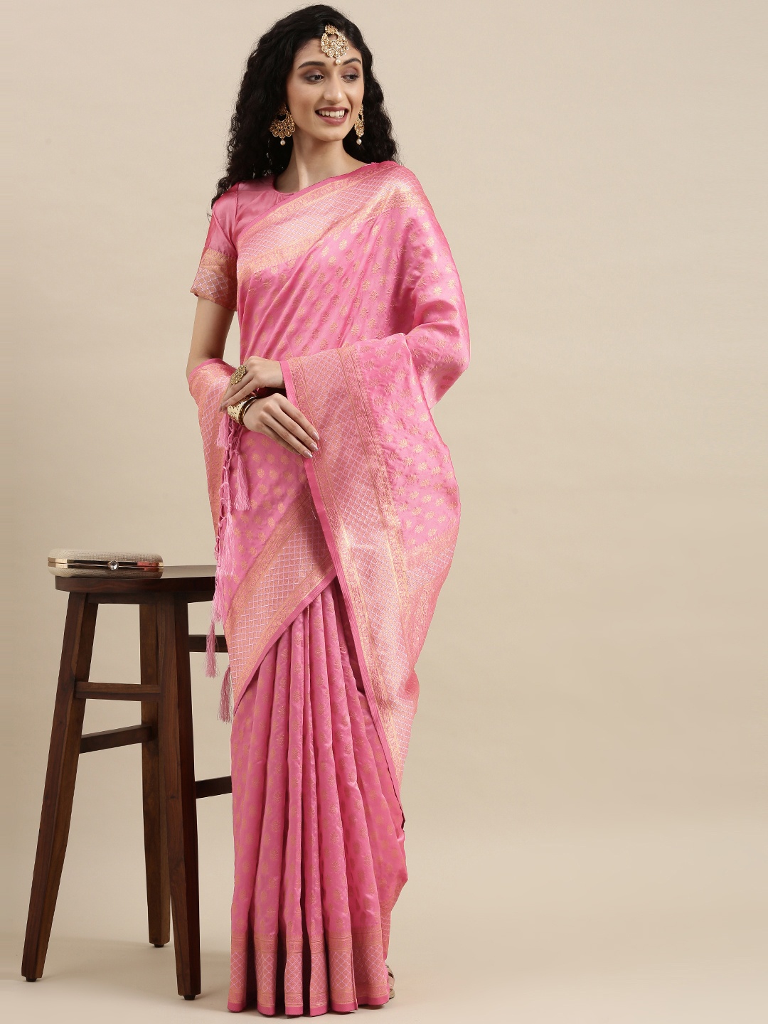 

Mitera Pink & Gold-Toned Woven Design Silk Blend Saree