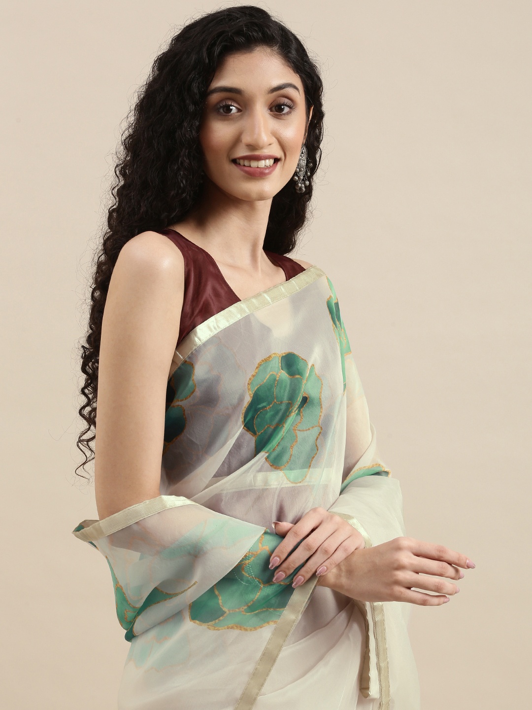 

Mitera Cream-Coloured & Green Organza Saree