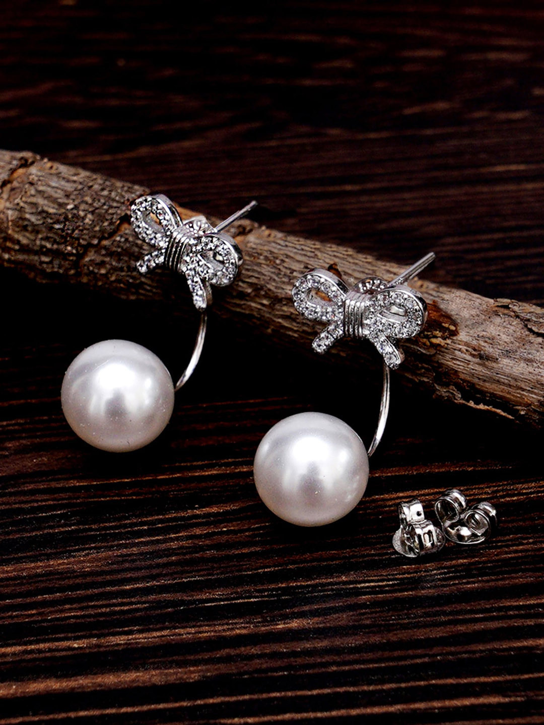 

KARATCART Woman Silver-Toned Classic Pearl Bow Shaped Drop Earring