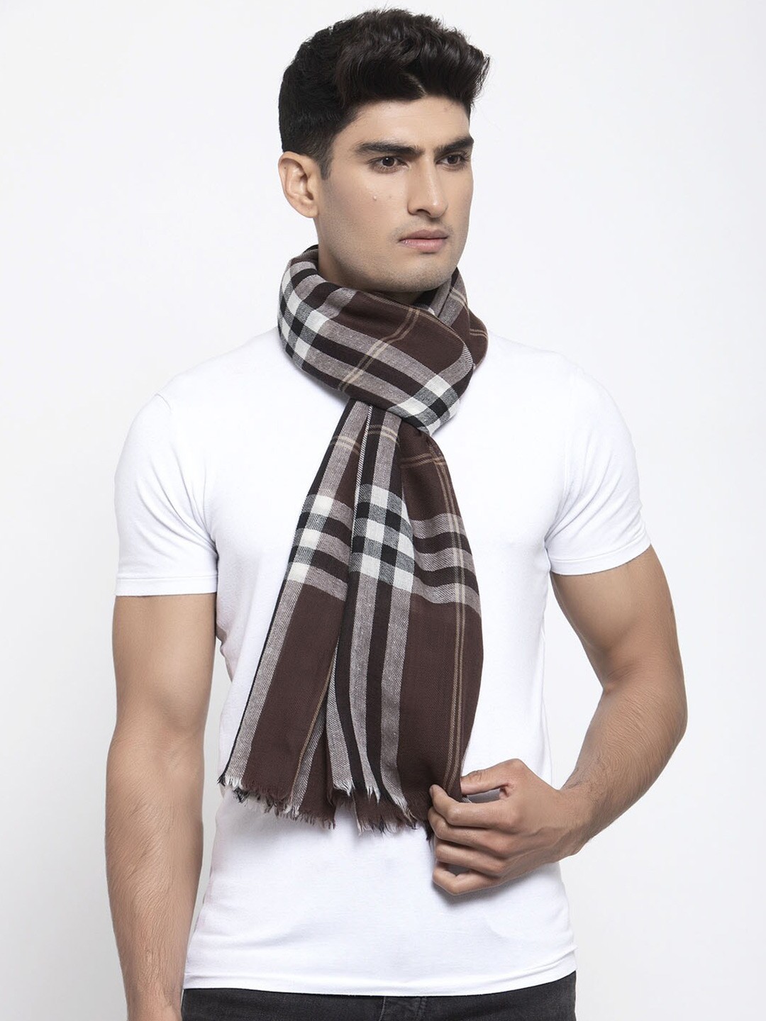 

Calvadoss Men Brown & White Checked Wool Stole