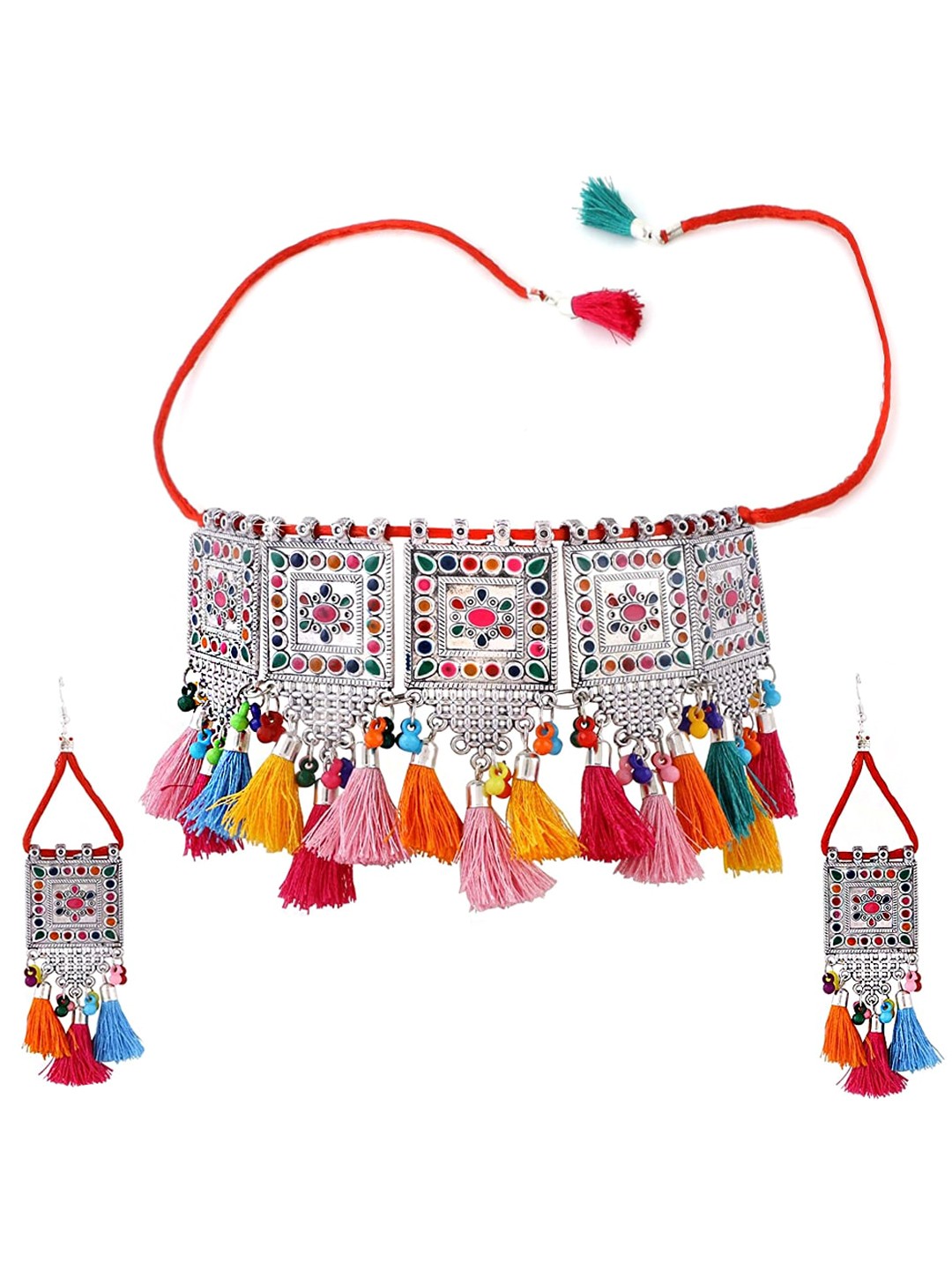 

Yellow Chimes Woman German Silver Oxidized Afghani Style Tassel Choker Necklace Set