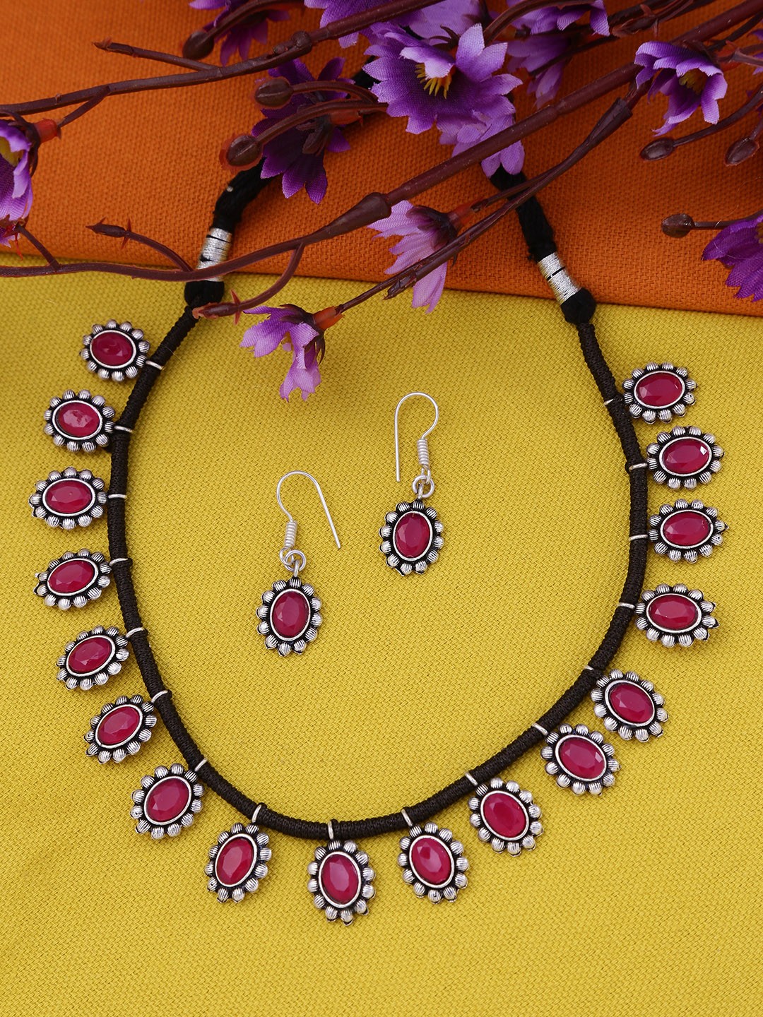 

Yellow Chimes Oxidised Silver-Plated Red Dori Work Jewellery Set