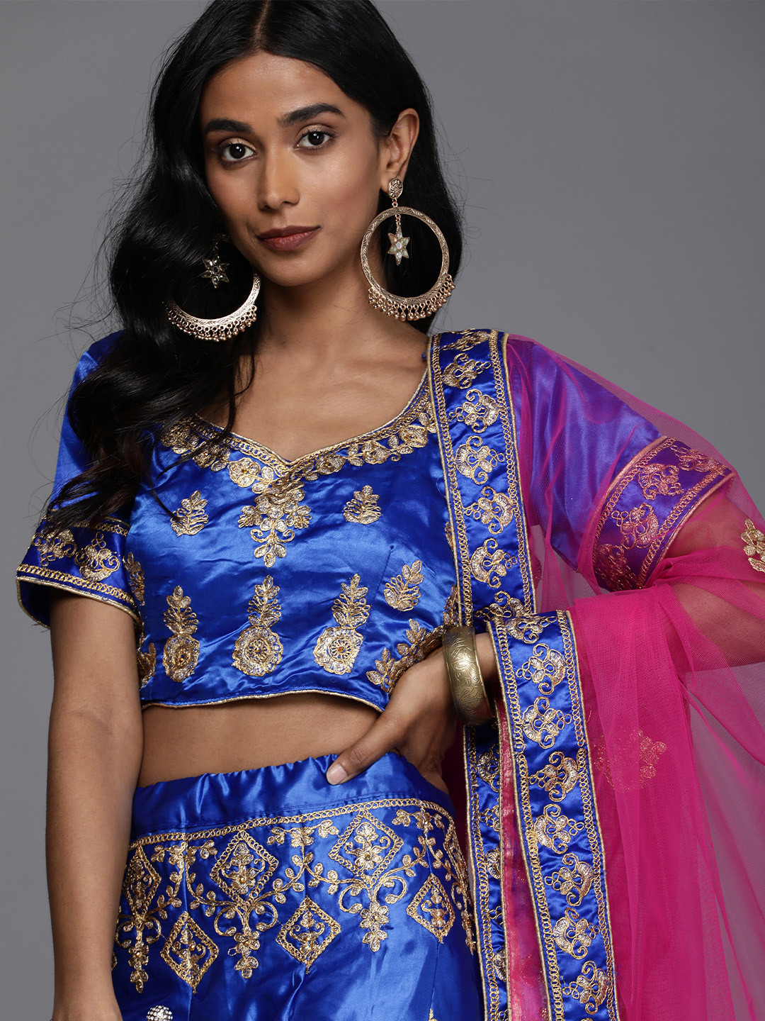 

Mitera Blue & Pink Semi-Stitched Lehenga & Unstitched Blouse With Dupatta