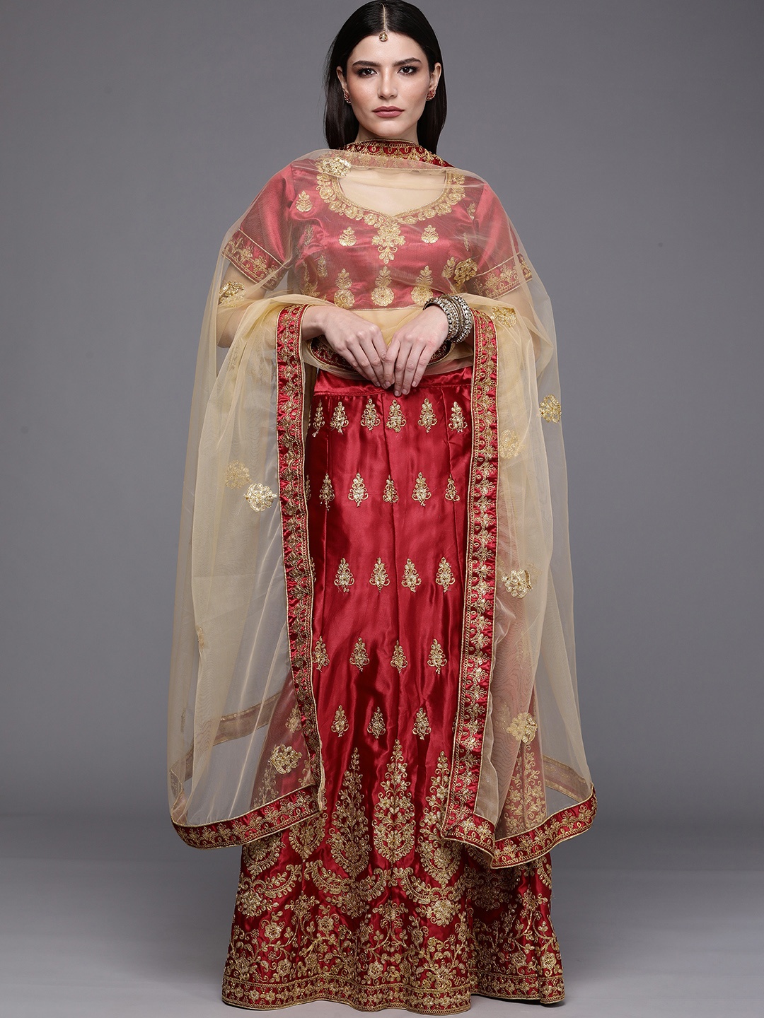 

Mitera Maroon & Cream-Coloured Embroidered Semi-Stitched Lehenga & Unstitched Blouse With Dupatta