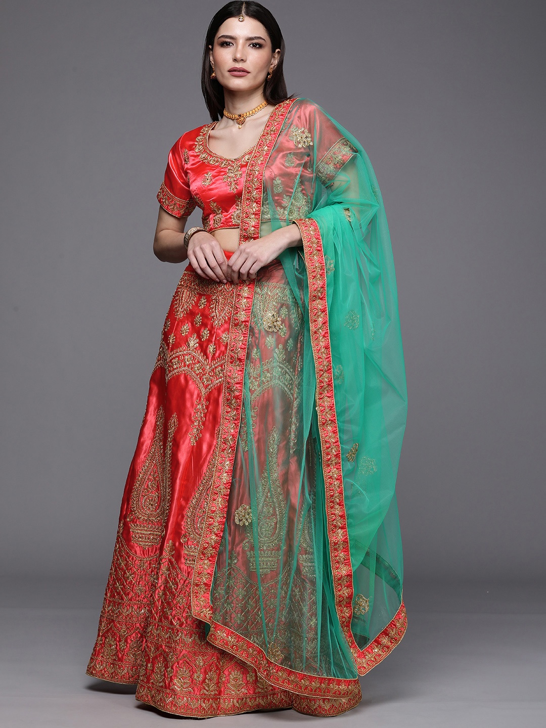 

Mitera Pink & Green Embroidered Semi-Stitched Lehenga & Unstitched Blouse With Dupatta