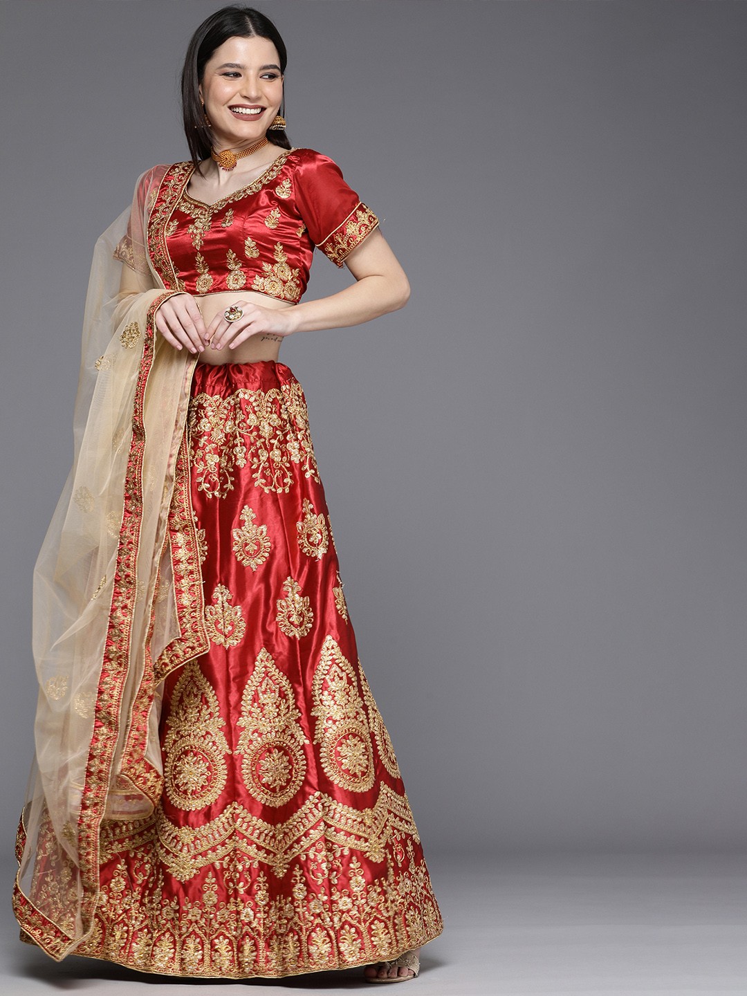 

Mitera Maroon & Gold-Toned Semi-Stitched Lehenga & Unstitched Blouse With Dupatta